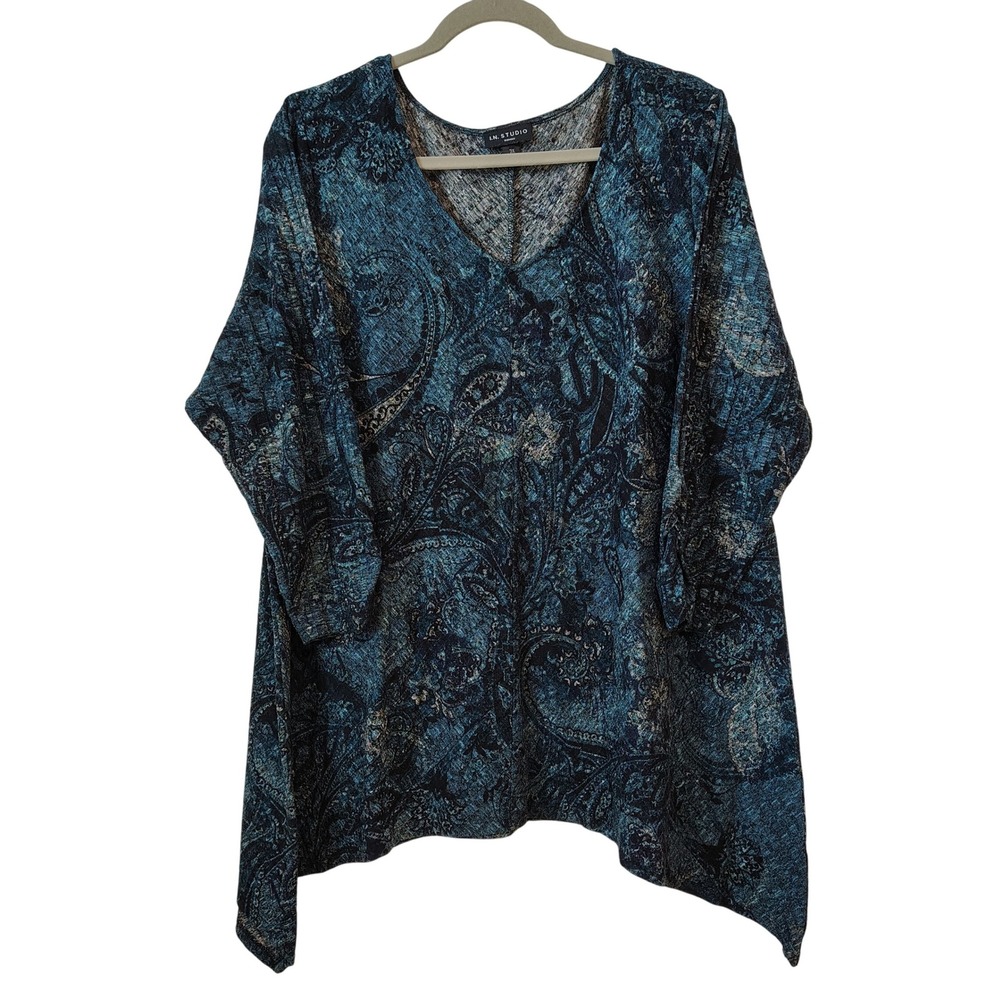 I.N. Studio Woman Tunic Top 3X Teal Paisley V-Neck Asymmetrical